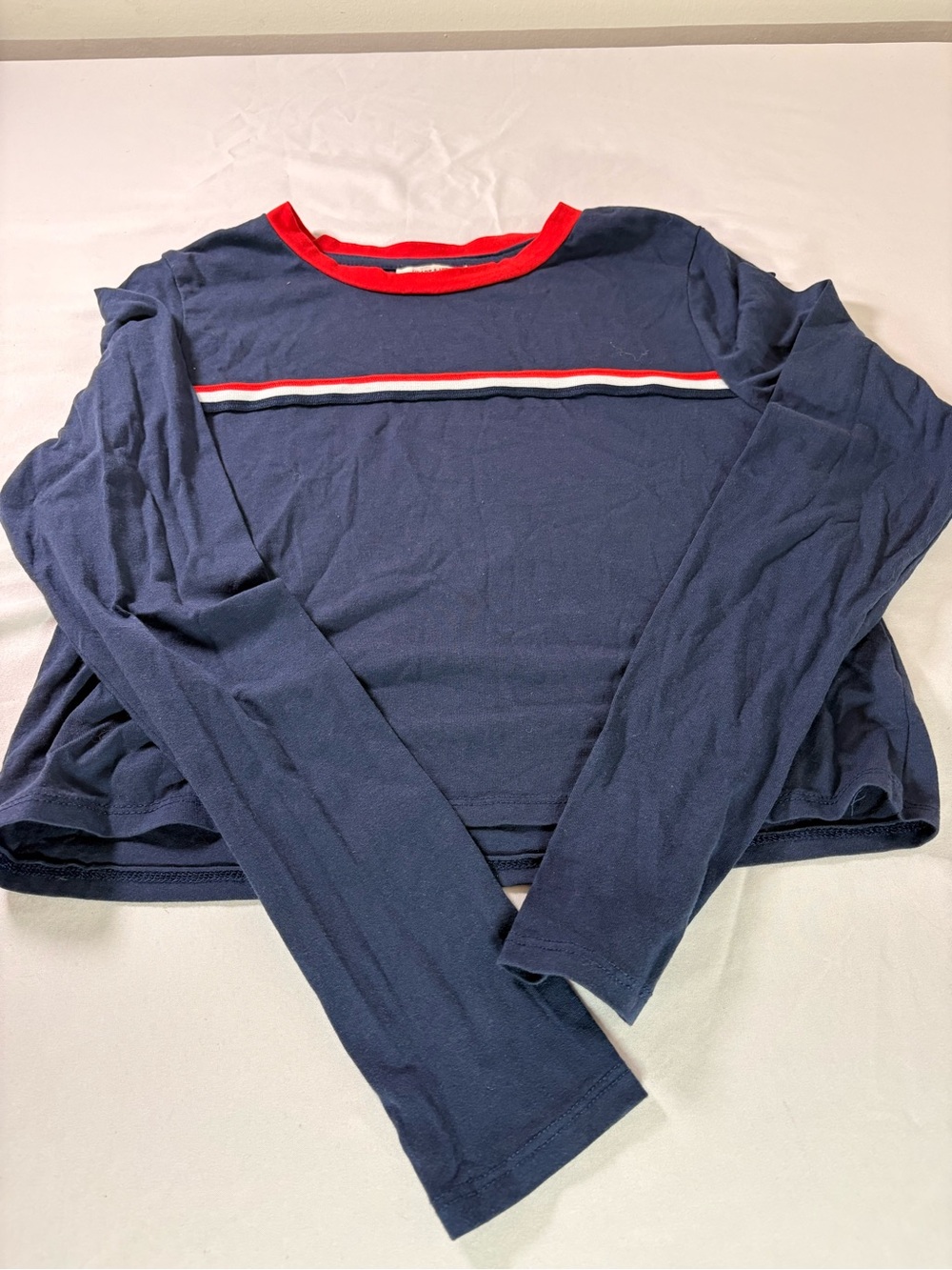 Navy Long Sleeve Cropped Top with Red Trim